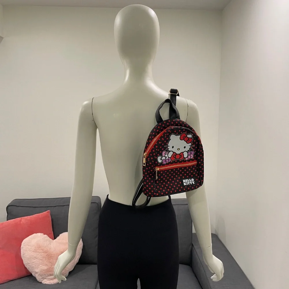 HELLO KITTY Sanrio Mini Backpack with Zipped Front Pocket Black Red Polka Dots - Picture 3 of 15